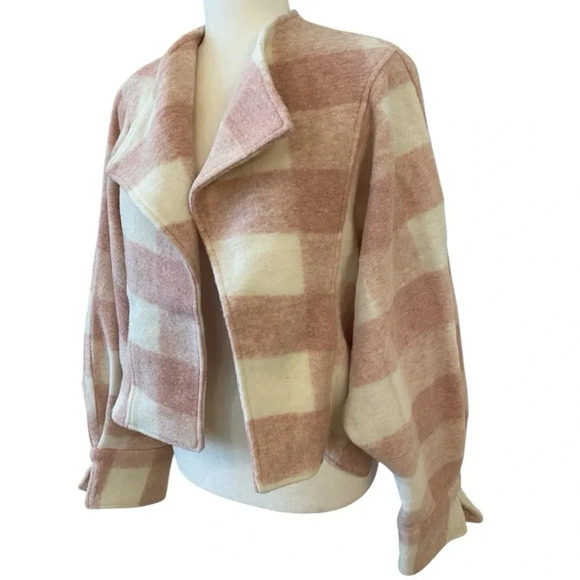 Anthropologie Ett:Twa Pink Buffalo Check Thick Open Shacket Coatigan Size Small - Picture 3 of 9